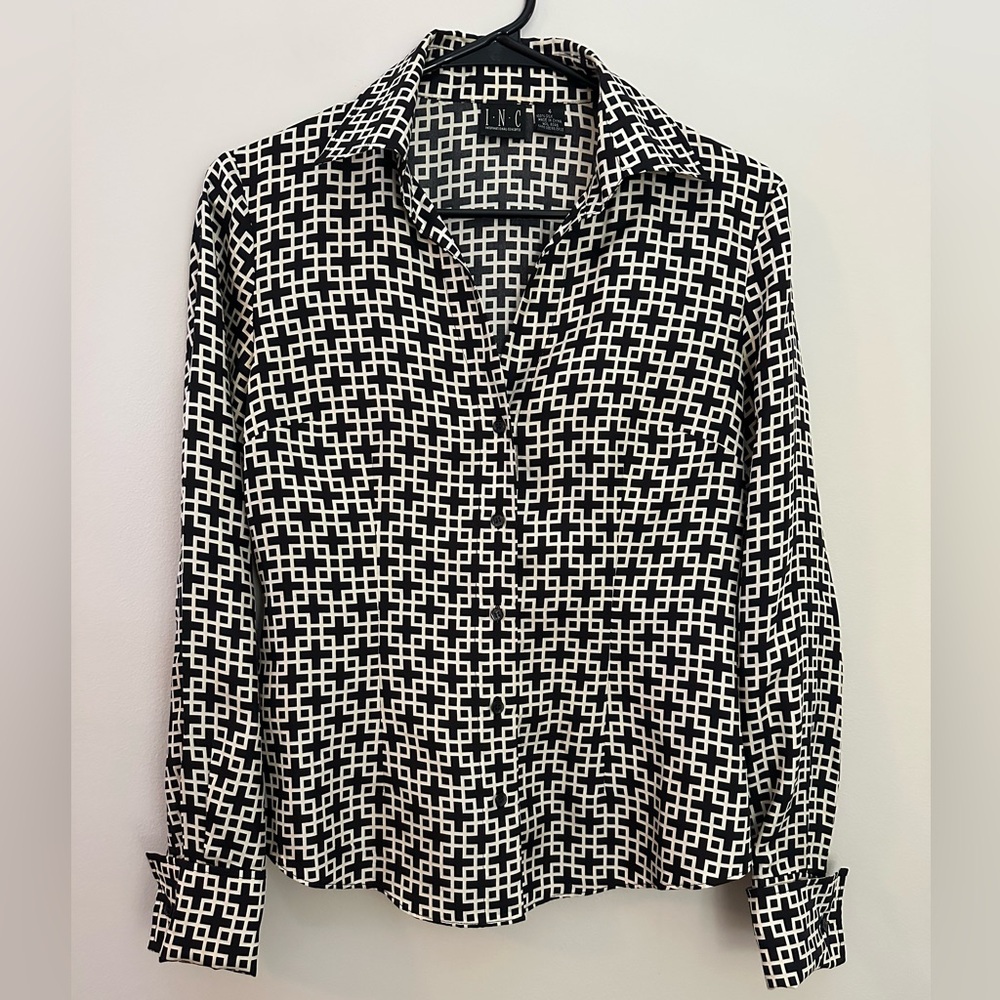 INC Y2K Silk Button Up Blouse Black White Size 4